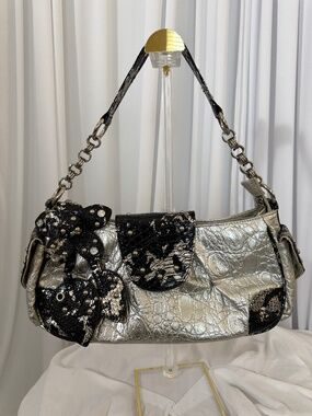 Calla Y2K Metallic Silver Black Studded Floral Shoulder Bag